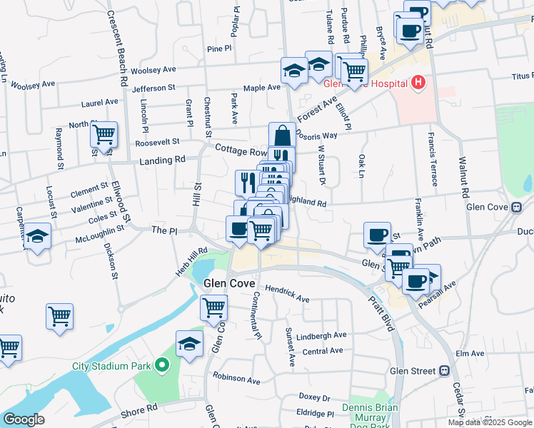 map of restaurants, bars, coffee shops, grocery stores, and more near 7 Brewster Street in Glen Cove