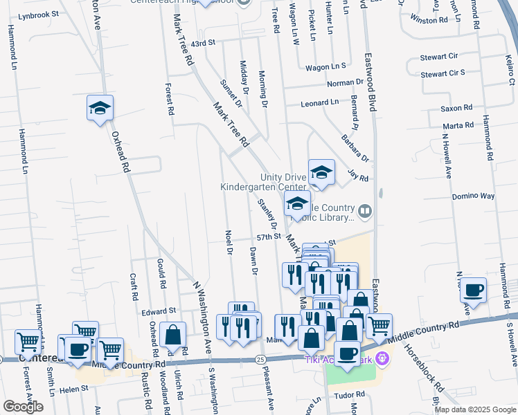 map of restaurants, bars, coffee shops, grocery stores, and more near 153 Stanley Drive in Centereach