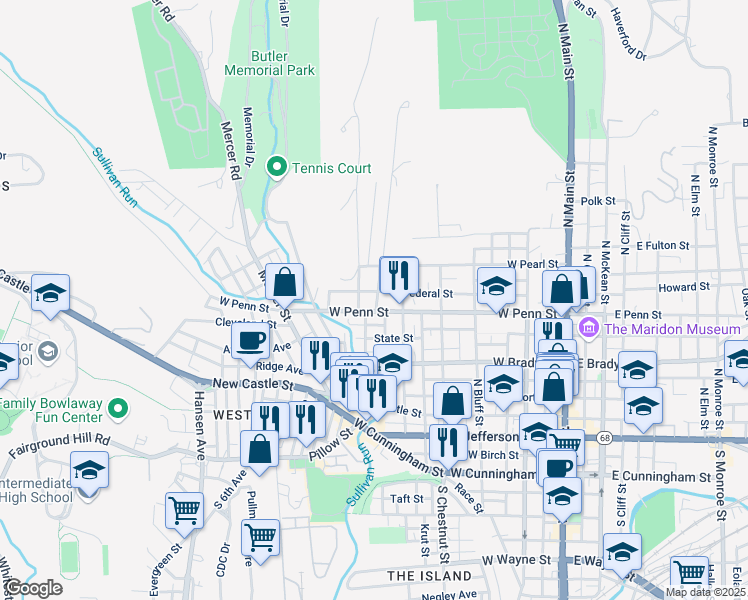 map of restaurants, bars, coffee shops, grocery stores, and more near 408 Bredin Street in Butler