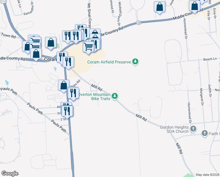 map of restaurants, bars, coffee shops, grocery stores, and more near 547 Mill Road in Coram