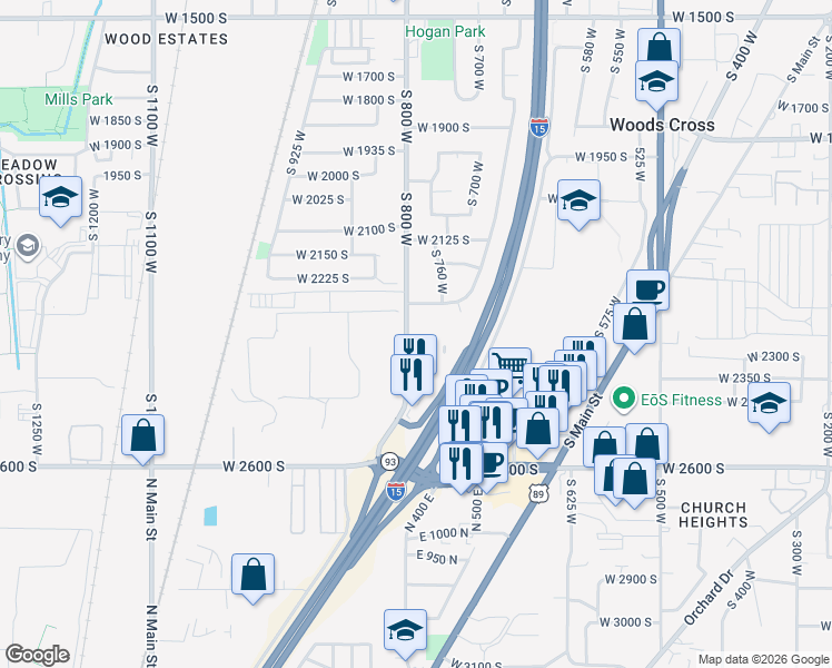 map of restaurants, bars, coffee shops, grocery stores, and more near 2323 South 800 West in Woods Cross