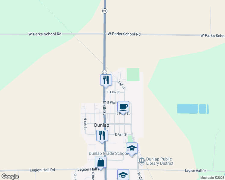 map of restaurants, bars, coffee shops, grocery stores, and more near 511 North 3rd Street in Dunlap
