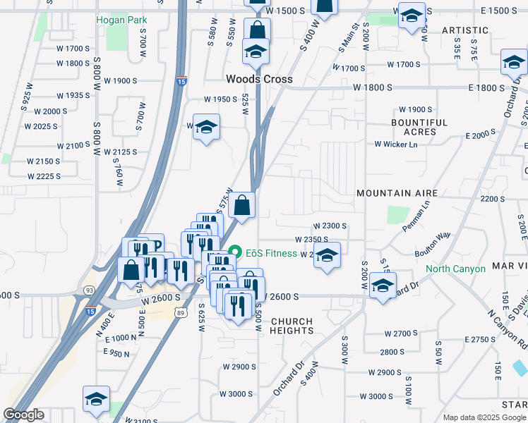 map of restaurants, bars, coffee shops, grocery stores, and more near 2223 South Main Street in Bountiful