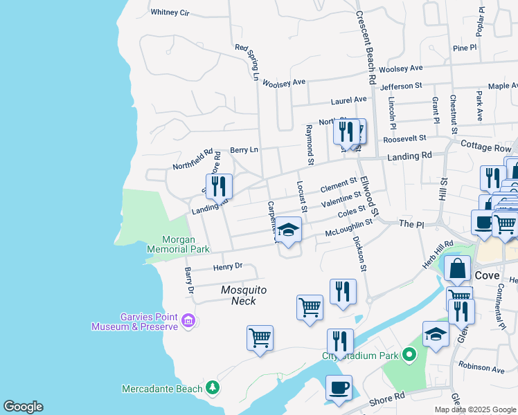 map of restaurants, bars, coffee shops, grocery stores, and more near 68 Clement Street in Glen Cove