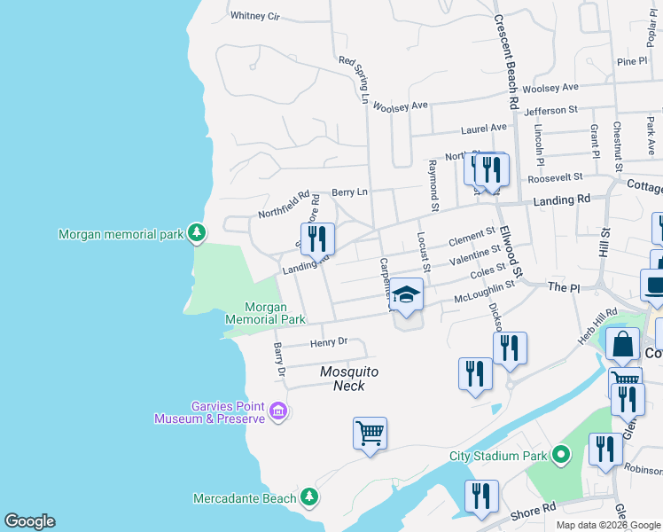 map of restaurants, bars, coffee shops, grocery stores, and more near 133 Landing Road in Glen Cove