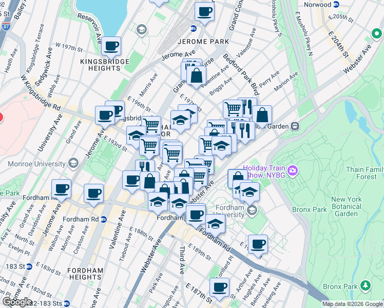 map of restaurants, bars, coffee shops, grocery stores, and more near 314 East 196th Street in The Bronx