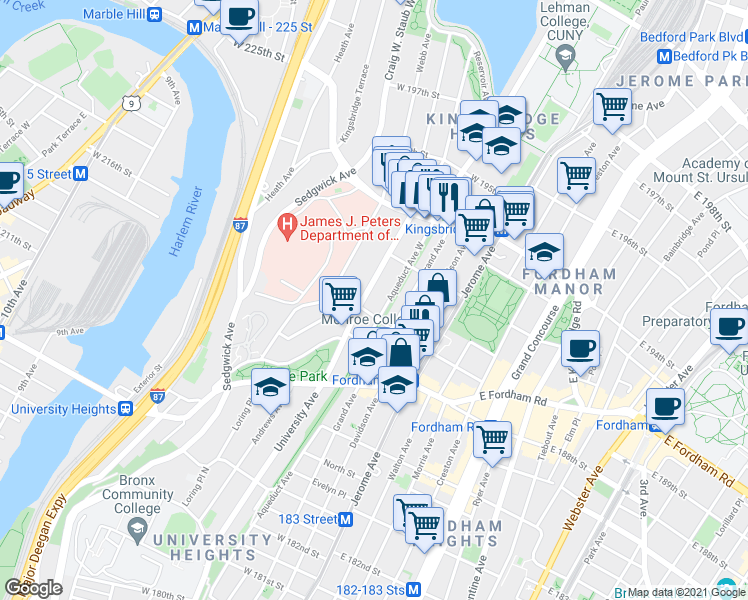 map of restaurants, bars, coffee shops, grocery stores, and more near 2541 Aqueduct Avenue in Bronx