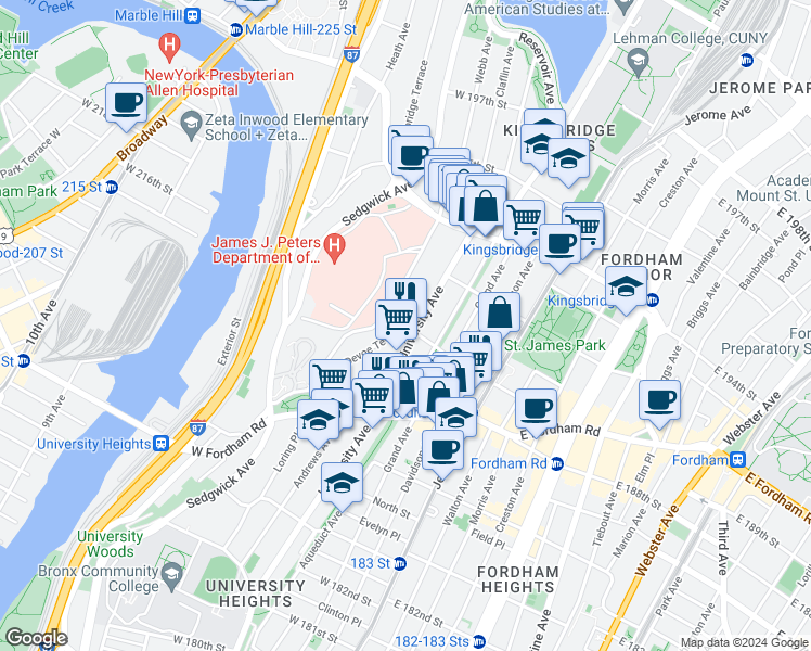 map of restaurants, bars, coffee shops, grocery stores, and more near 2515 University Avenue in Bronx