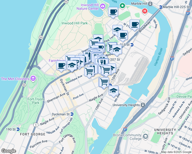 map of restaurants, bars, coffee shops, grocery stores, and more near 115 Vermilyea Avenue in New York