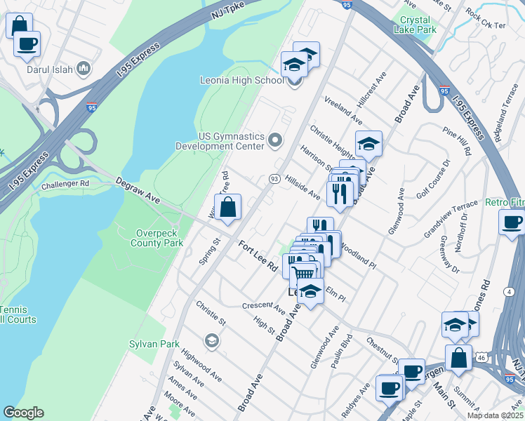 map of restaurants, bars, coffee shops, grocery stores, and more near 411 New Jersey 93 in Leonia