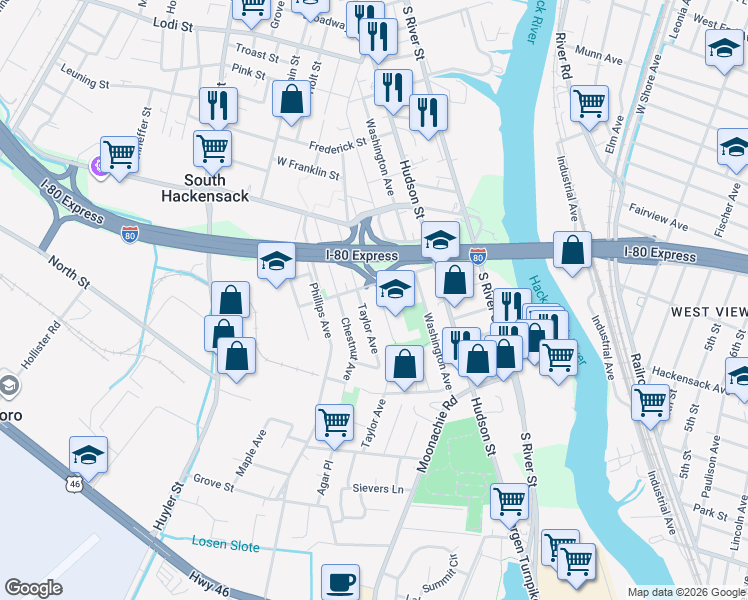 map of restaurants, bars, coffee shops, grocery stores, and more near 50 Vreeland Avenue in Hackensack
