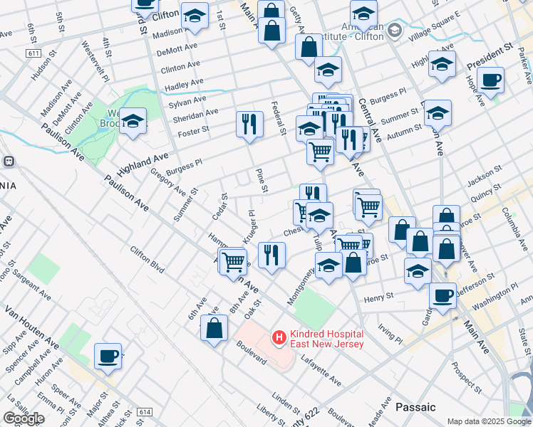 map of restaurants, bars, coffee shops, grocery stores, and more near 521 Harrison Street in Passaic