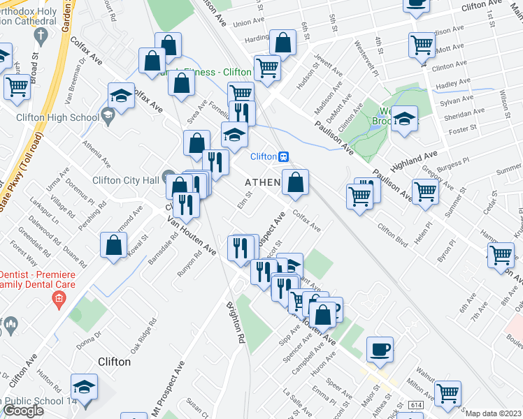 map of restaurants, bars, coffee shops, grocery stores, and more near 100 Cloverdale Road in Clifton