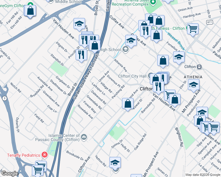map of restaurants, bars, coffee shops, grocery stores, and more near 6 Glenwood Street in Clifton