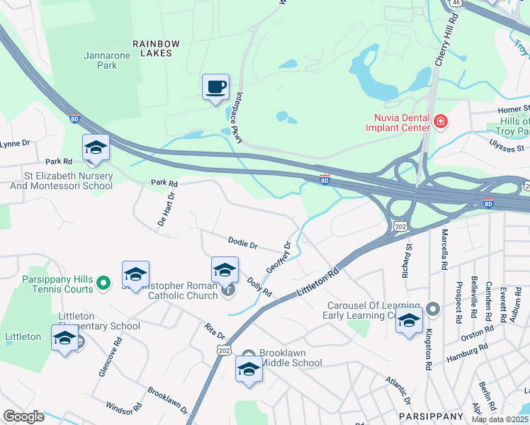 map of restaurants, bars, coffee shops, grocery stores, and more near 170 Park Road in Parsippany-Troy Hills