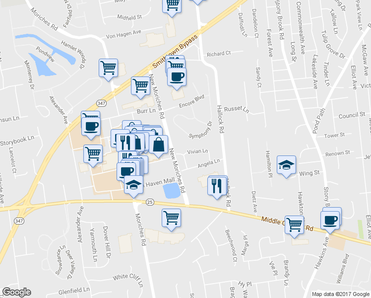 map of restaurants, bars, coffee shops, grocery stores, and more near 71 Symphony Drive in Lake Grove