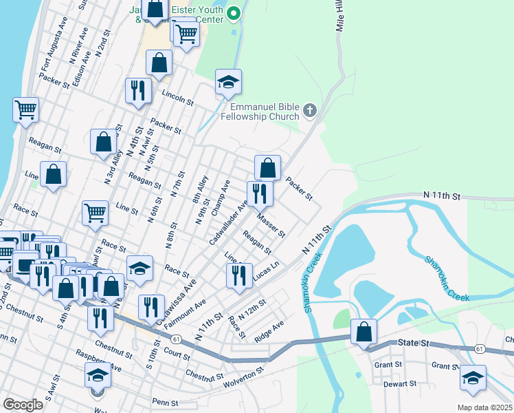 map of restaurants, bars, coffee shops, grocery stores, and more near 610 Catawissa Ave in Sunbury