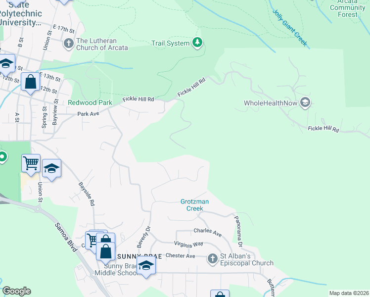 map of restaurants, bars, coffee shops, grocery stores, and more near 701 Fernwood Drive in Arcata