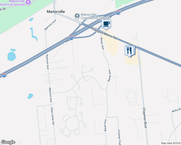 map of restaurants, bars, coffee shops, grocery stores, and more near 80 Fox Court in Manorville