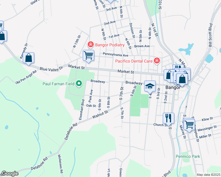 map of restaurants, bars, coffee shops, grocery stores, and more near 137 South 8th Street in Bangor