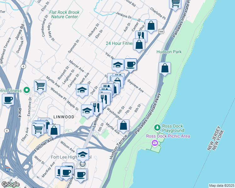 map of restaurants, bars, coffee shops, grocery stores, and more near 11 Sylvan Avenue in Englewood Cliffs