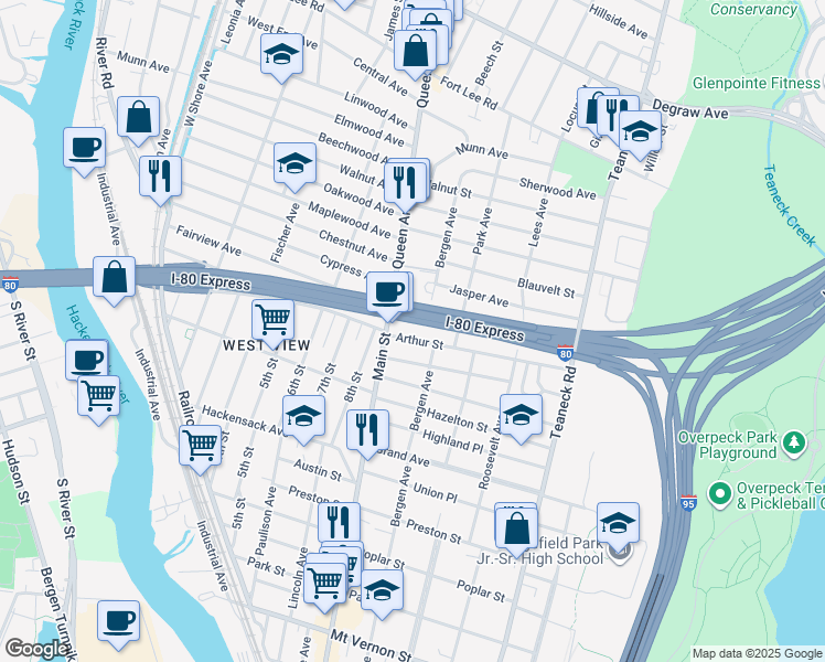 map of restaurants, bars, coffee shops, grocery stores, and more near 20 Arthur Street in Ridgefield Park