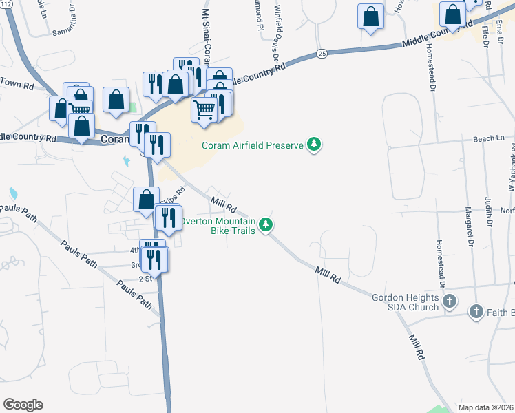 map of restaurants, bars, coffee shops, grocery stores, and more near 547 Mill Road in Coram