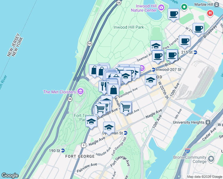 map of restaurants, bars, coffee shops, grocery stores, and more near Broadway & Riverside Dr in New York