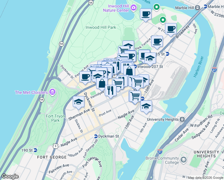 map of restaurants, bars, coffee shops, grocery stores, and more near 75 Vermilyea Avenue in New York