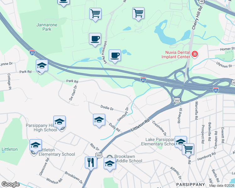 map of restaurants, bars, coffee shops, grocery stores, and more near 170 Park Road in Parsippany-Troy Hills