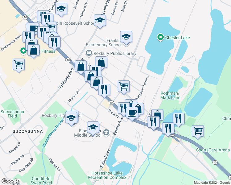 map of restaurants, bars, coffee shops, grocery stores, and more near 52 Main Street in Roxbury Township