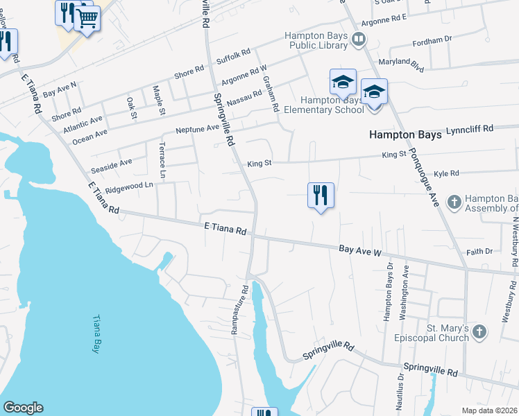 map of restaurants, bars, coffee shops, grocery stores, and more near 127 Springville Road in Hampton Bays