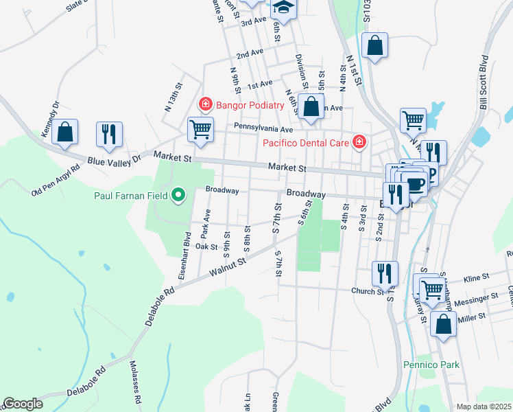 map of restaurants, bars, coffee shops, grocery stores, and more near 137 South 8th Street in Bangor