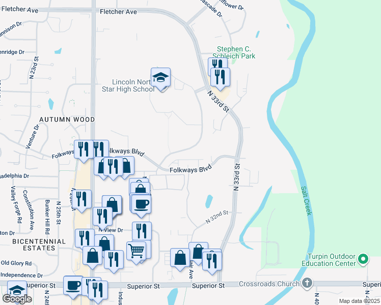 map of restaurants, bars, coffee shops, grocery stores, and more near 5801 North 33rd Street in Lincoln