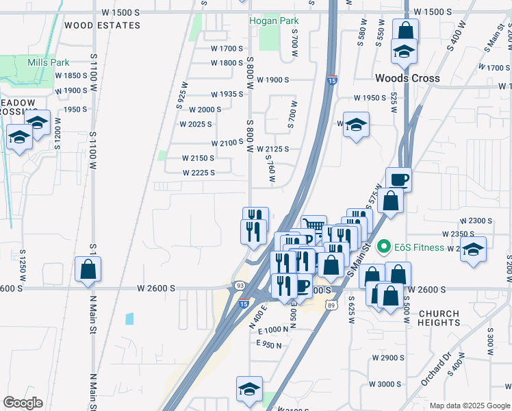 map of restaurants, bars, coffee shops, grocery stores, and more near 2281 South 800 West in Woods Cross