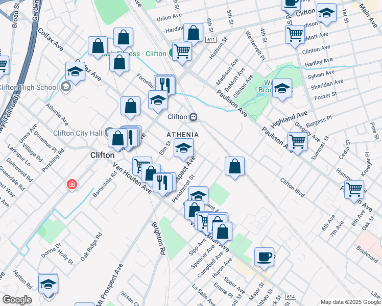map of restaurants, bars, coffee shops, grocery stores, and more near 100 Cloverdale Road in Clifton