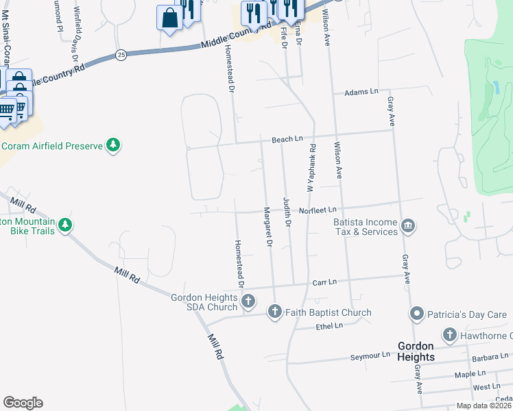 map of restaurants, bars, coffee shops, grocery stores, and more near 73 Homestead Drive in Coram