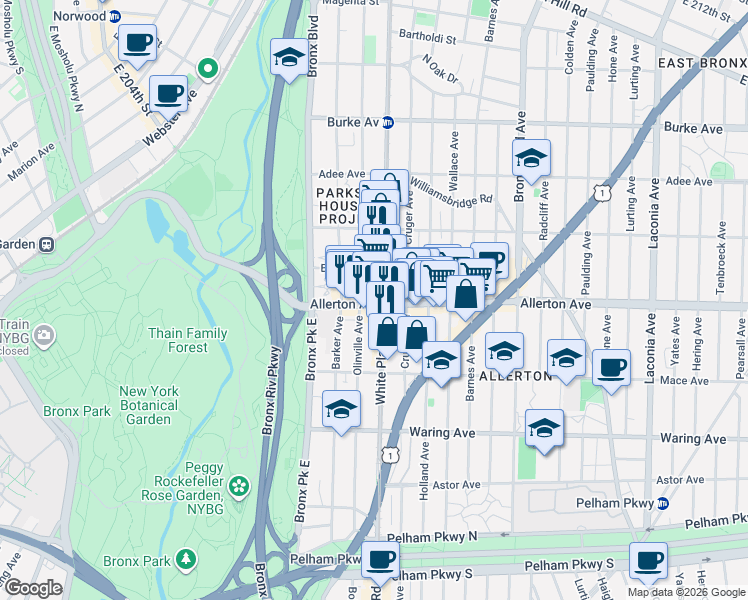 map of restaurants, bars, coffee shops, grocery stores, and more near 693 Allerton Avenue in The Bronx