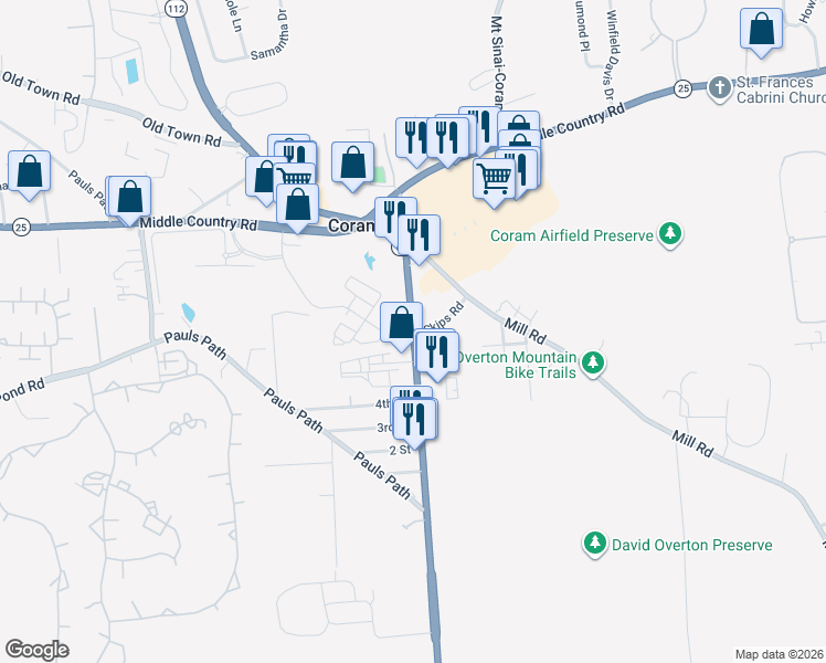 map of restaurants, bars, coffee shops, grocery stores, and more near 588 Mill Road in Coram