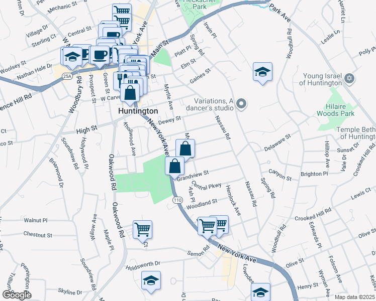 map of restaurants, bars, coffee shops, grocery stores, and more near 23 Oakland Street in Huntington