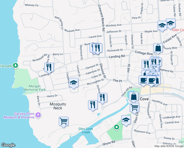 map of restaurants, bars, coffee shops, grocery stores, and more near 22 Valentine Street in Glen Cove