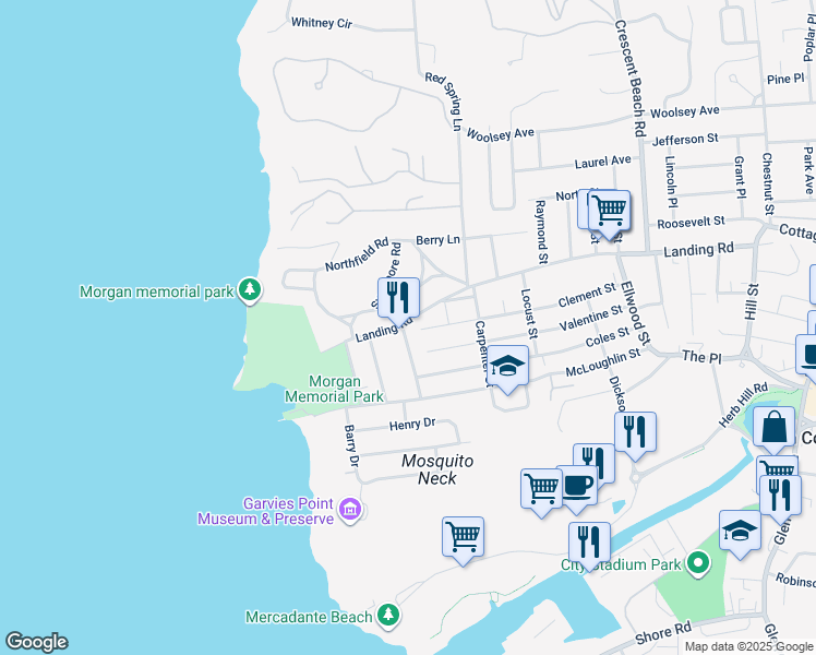 map of restaurants, bars, coffee shops, grocery stores, and more near 133 Landing Road in Glen Cove