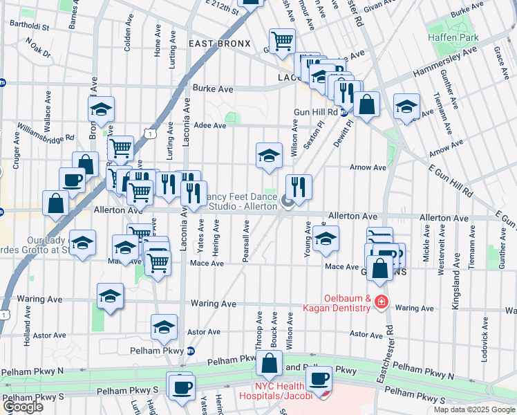map of restaurants, bars, coffee shops, grocery stores, and more near in The Bronx