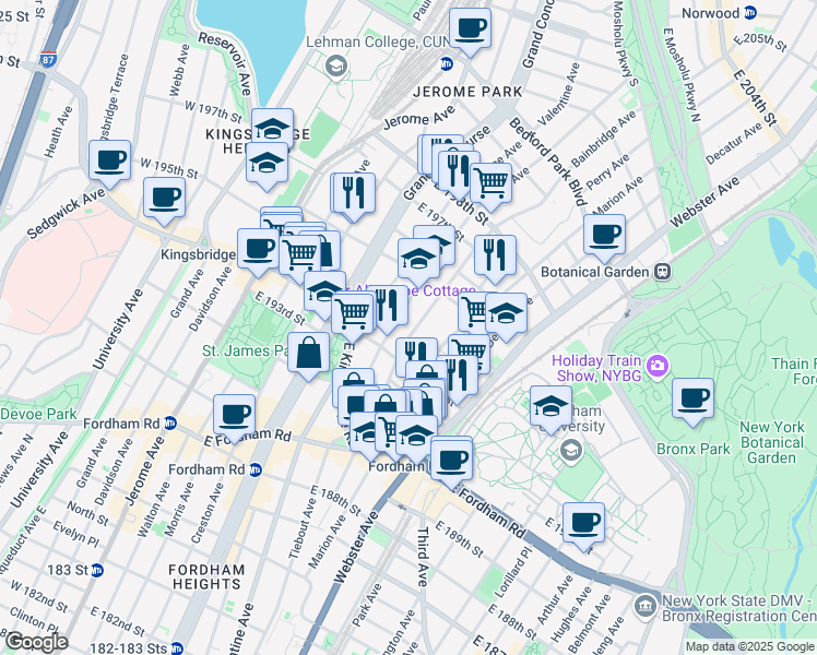 map of restaurants, bars, coffee shops, grocery stores, and more near 2684 Briggs Avenue in Bronx