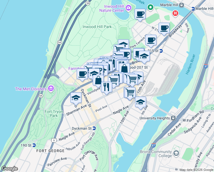 map of restaurants, bars, coffee shops, grocery stores, and more near 86 Vermilyea Avenue in New York