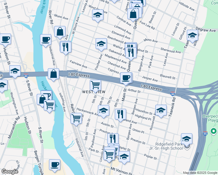 map of restaurants, bars, coffee shops, grocery stores, and more near 155 6th Street in Ridgefield Park