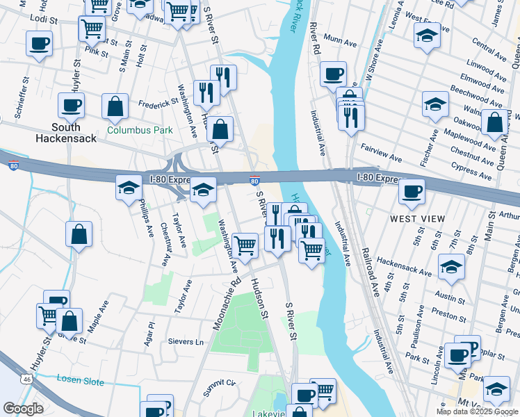 map of restaurants, bars, coffee shops, grocery stores, and more near 382 South River Street in Hackensack