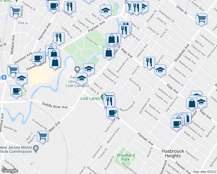 map of restaurants, bars, coffee shops, grocery stores, and more near 100 Richmond Street in Lodi