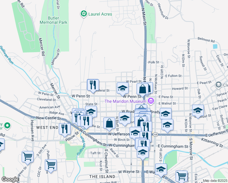 map of restaurants, bars, coffee shops, grocery stores, and more near 443 North Bluff Street in Butler