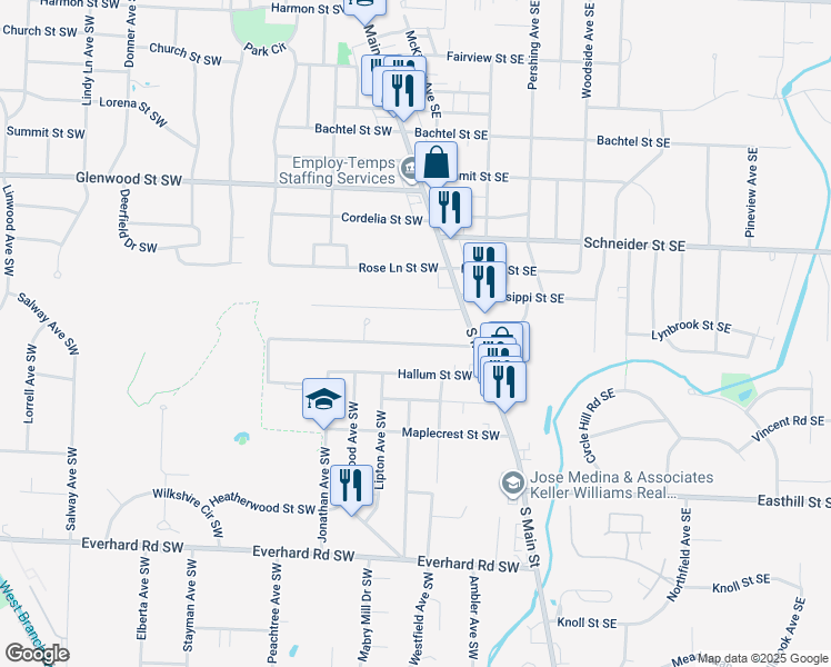 map of restaurants, bars, coffee shops, grocery stores, and more near 224 James Street Southwest in North Canton